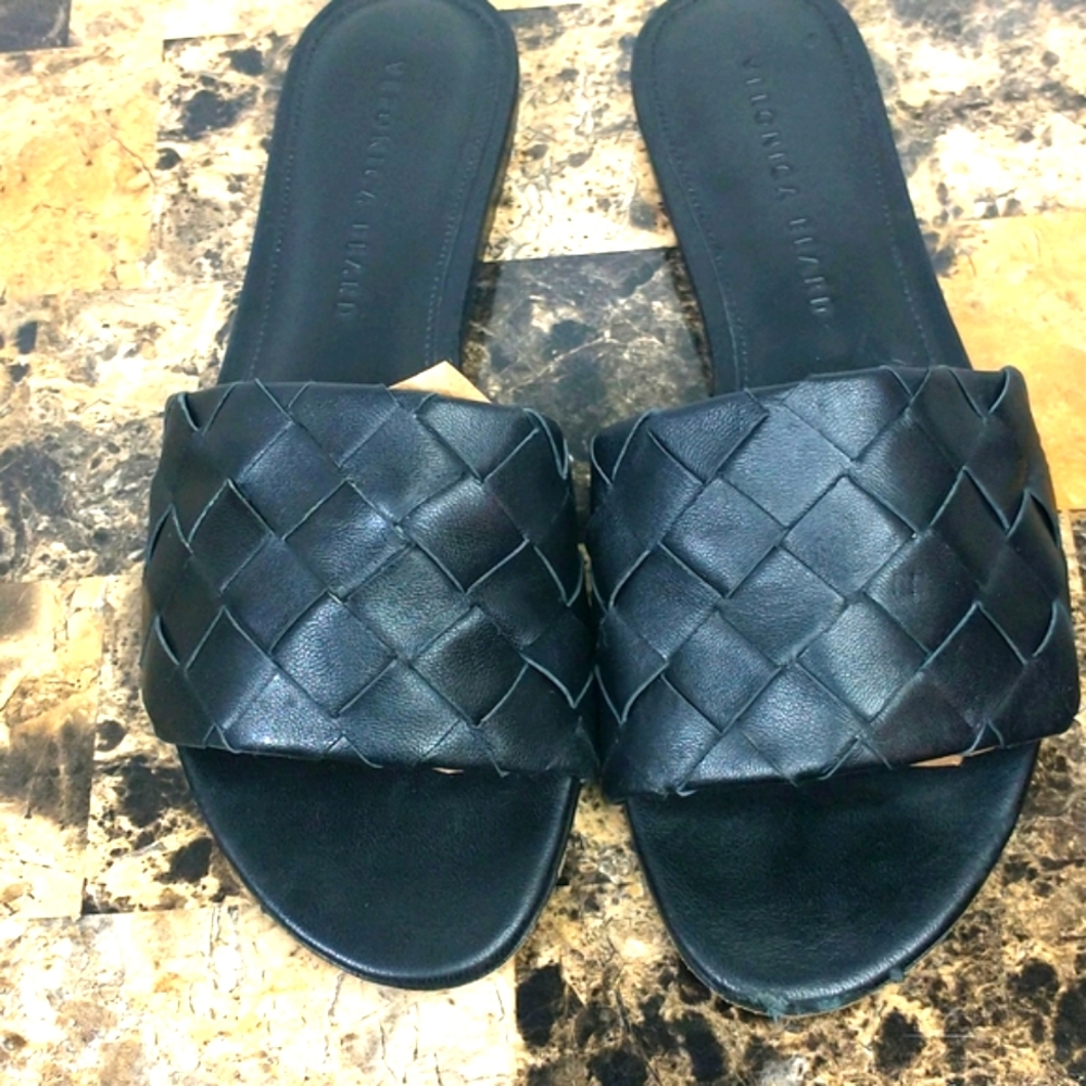 Veronica Beard black leather woven slides, size 7,  good used condition.